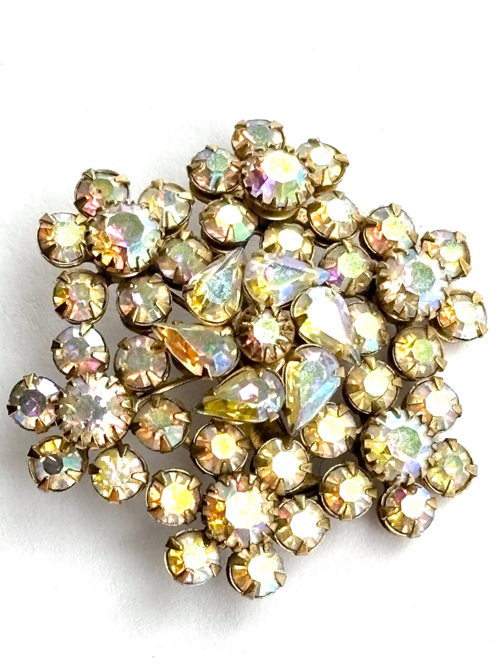 Vintage 1950’s Triad AB Swarovski Crystal Floral Spray Brooch Gold Tone 1.75”